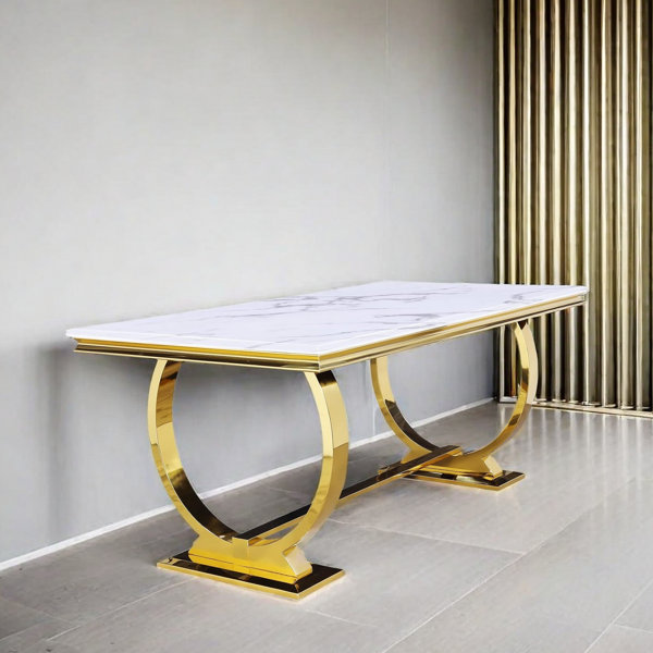 Mercer41 Luxury Kitchen Dining Room Table with Gold Stainless Steel Metal U-Base in White and ...